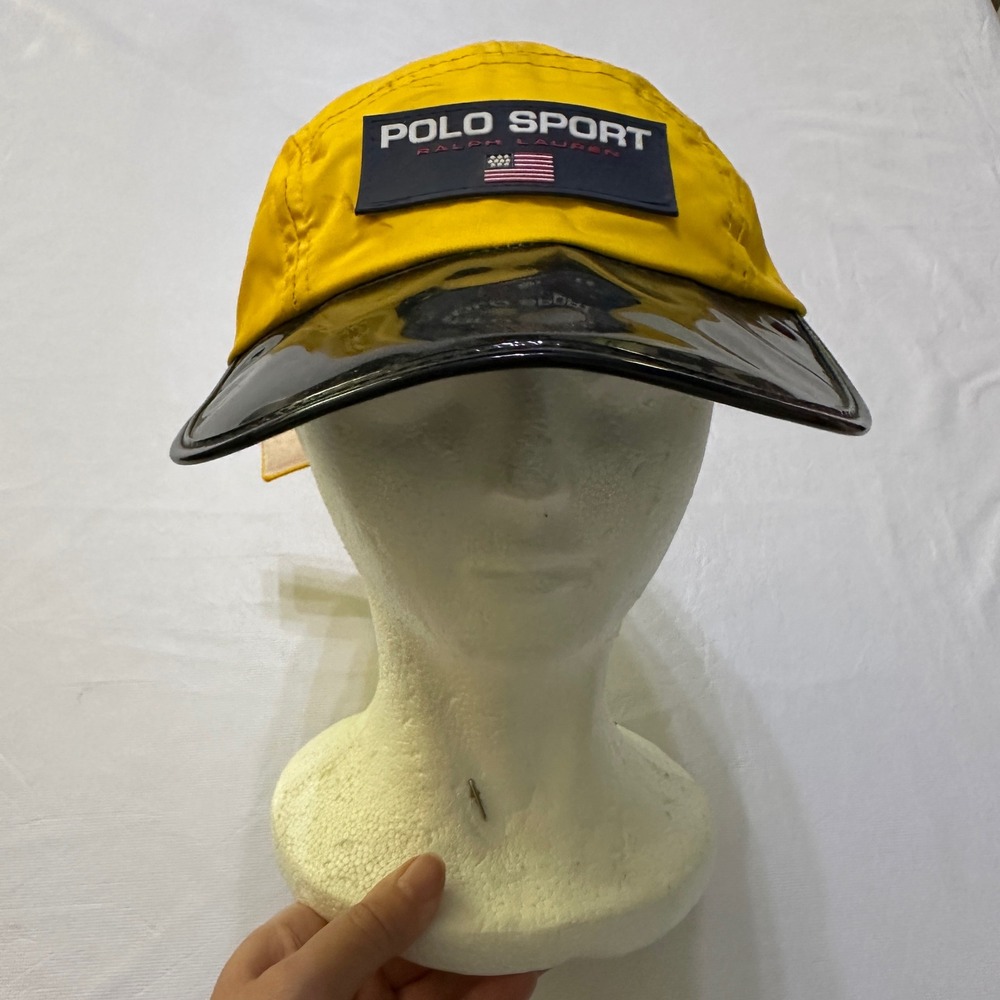 Vintage 90s Polo Sport Ralph Lauren Long Bill Hat Cap L/XL Yellow Nylon Brim USA
